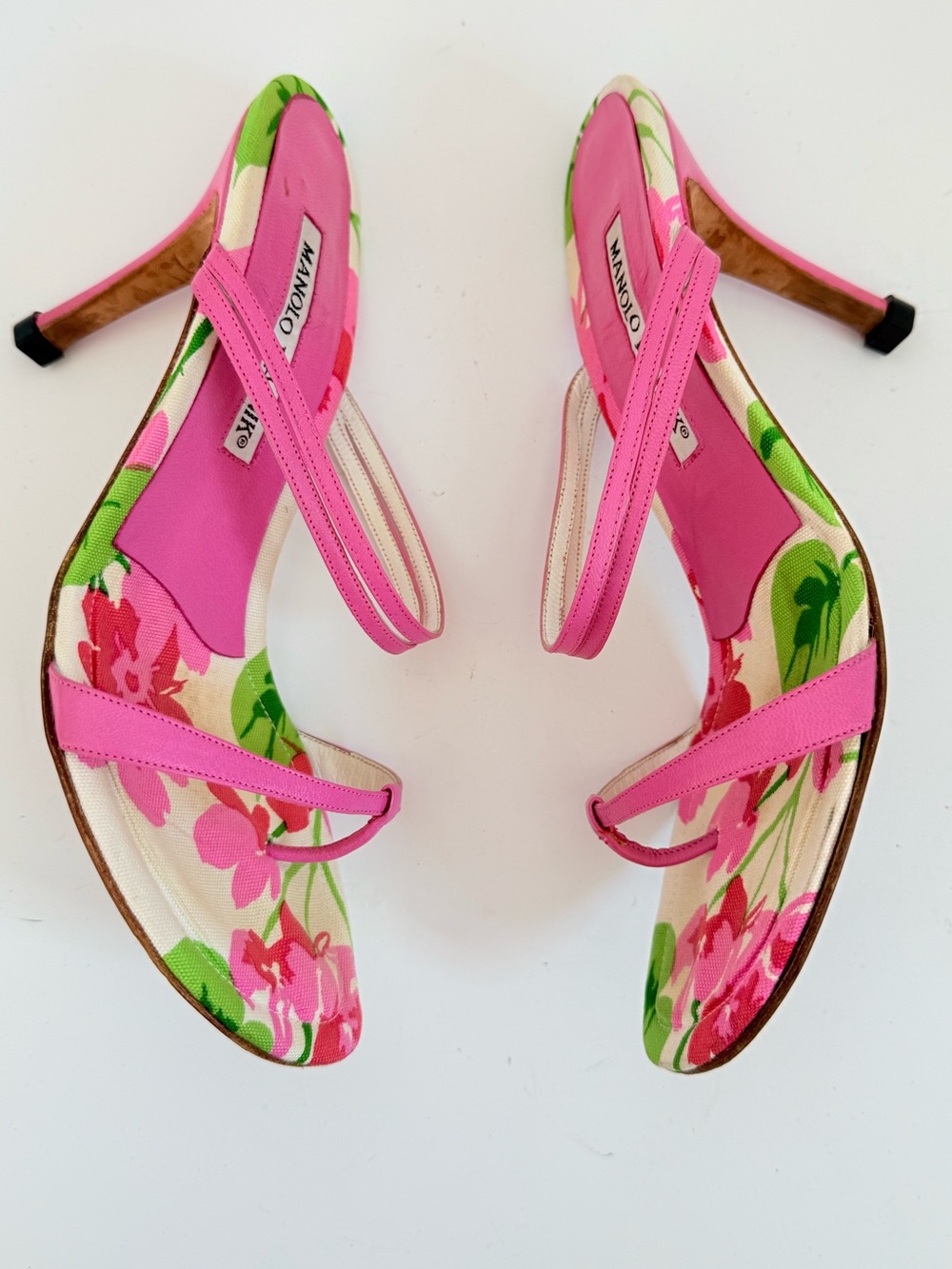 Manolo Blahnik Discus Pink Floral Thong Sandals Vintage Heels 36.5 - Picture 4 of 11
